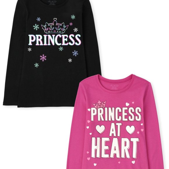 The Childrens Place Girls PRINCESS Graphic Tee-2 pack- Small (5/6) Long Sleeve - Picture 1 of 6